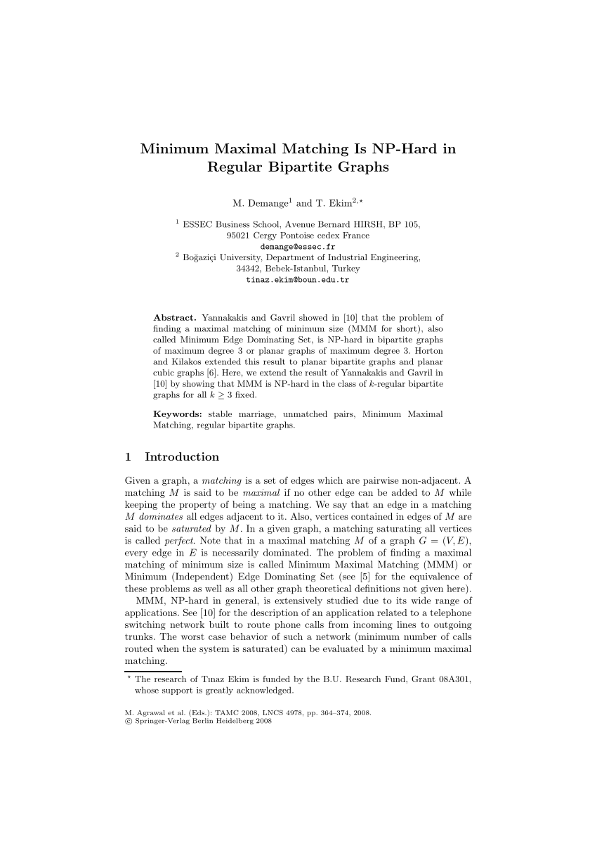 Pdf Minimum Maximal Matching Is Np Hard In Regular Bipartite Graphs