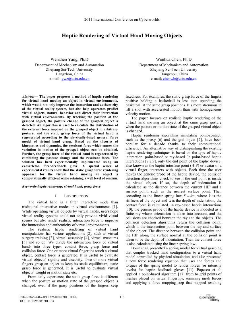  PDF Haptic Rendering of Virtual Hand  Moving  Objects 