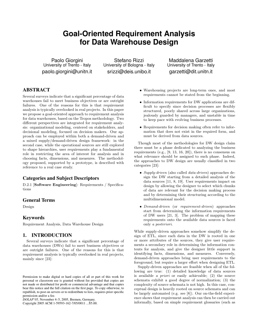 PDF) Goal-oriented requirement analysis for data warehouse design Regarding Data Warehouse Business Requirements Template