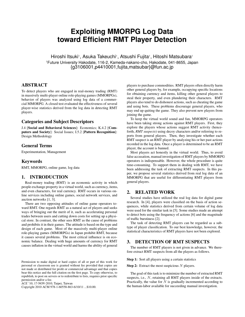 PDF) Exploiting MMORPG log data toward efficient RMT player detection