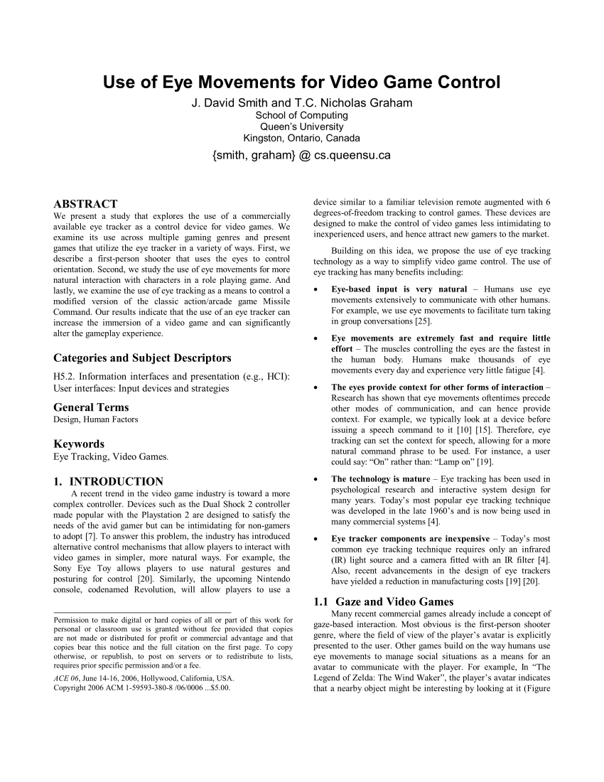 Pdf Use Of Eye Movements For Video Game Control