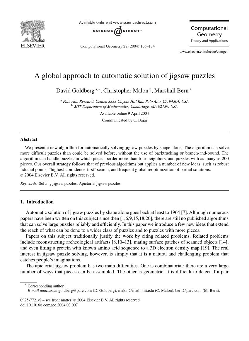 Pdf A Global Approach To Automatic Solution Of Jigsaw Puzzles