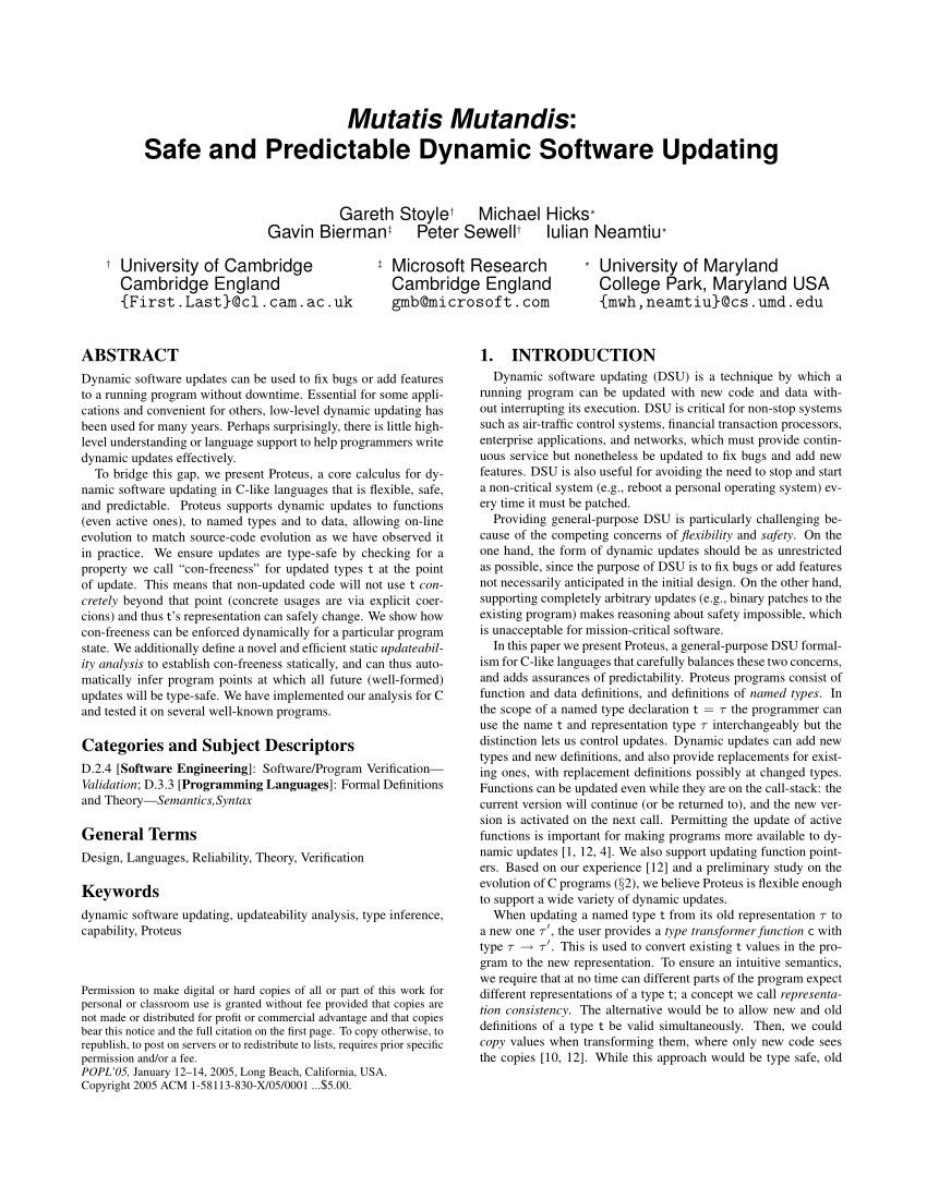 PDF) Mutatis Mutandis: Safe and predictable dynamic software updating