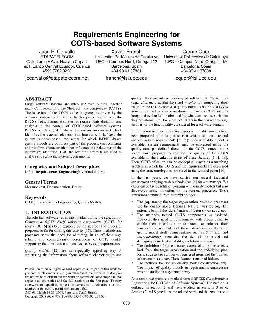 (PDF) Requirements engineering for COTSbased software systems