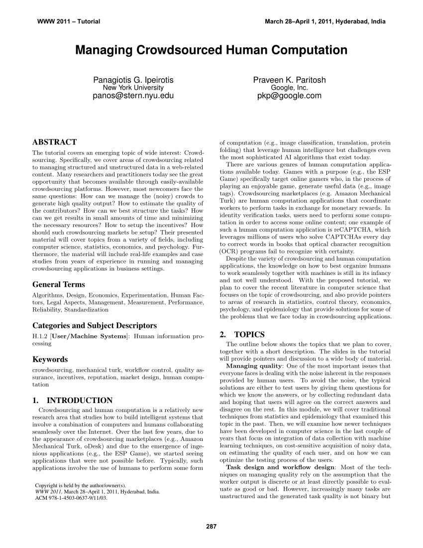 (PDF) Managing Crowdsourced Human Computation: A Tutorial