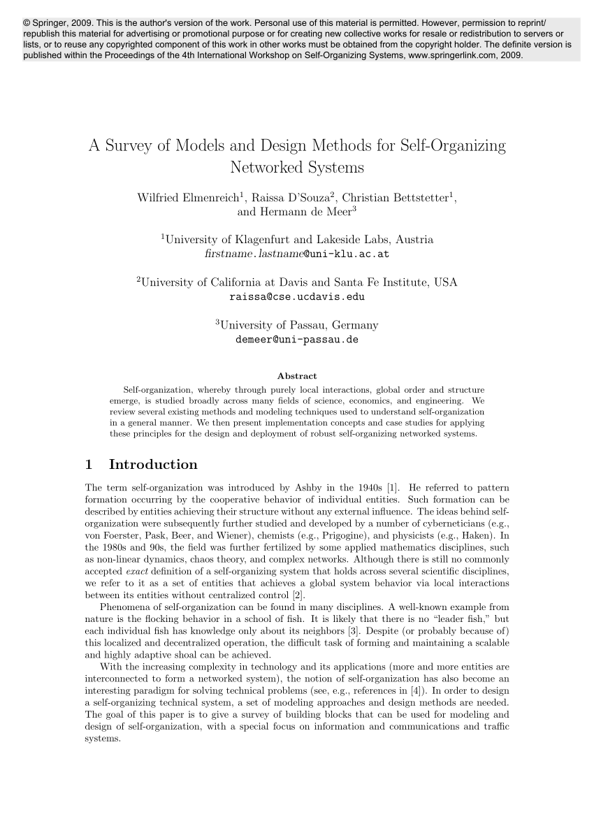 Pdf A Survey Of Models And Design Methods For Self Organizing Networked Systems