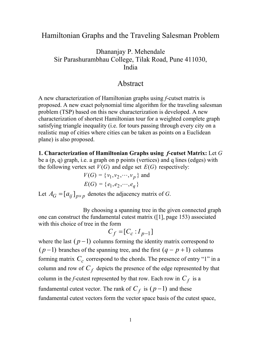 Pdf Hamiltonian Graphs And The Traveling Salesman Problem