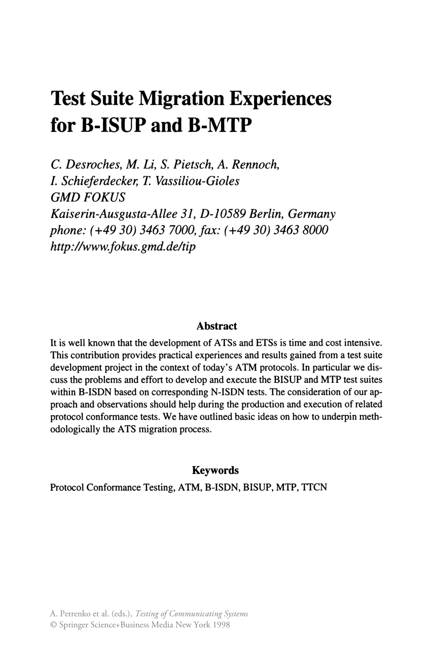 PDF) Test Suite Migration Experiences for B-ISUP and B-MTP