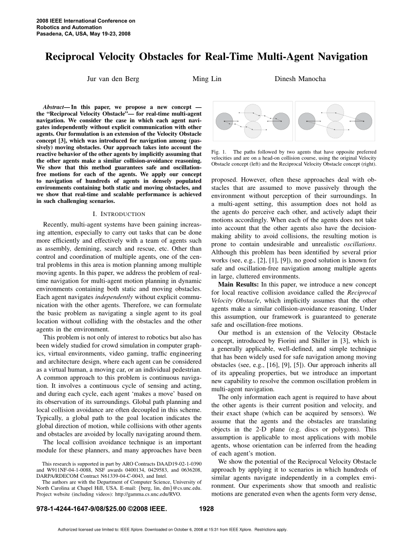 Pdf Reciprocal Velocity Obstacles For Real Time Multi Agent Navigation