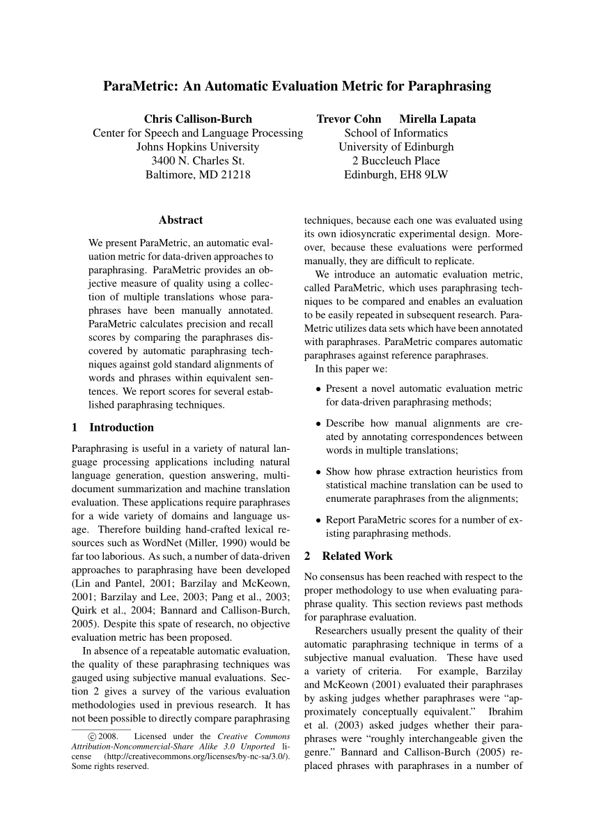 automatic evaluation metric for paraphrasing