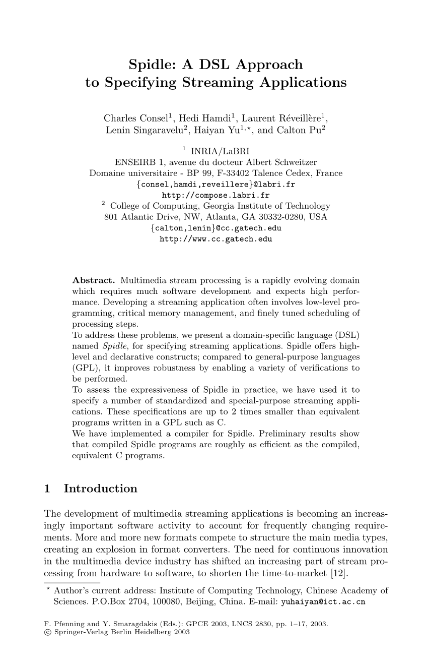 PDF) Spidle: A DSL Approach to Specifying Streaming Applications