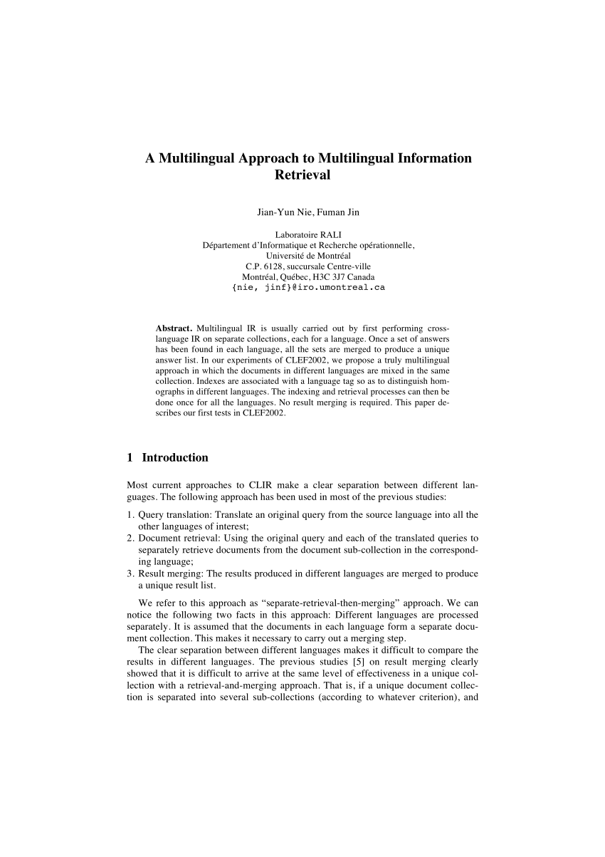 Pdf A Multilingual Approach To Multilingual Information Retrieval