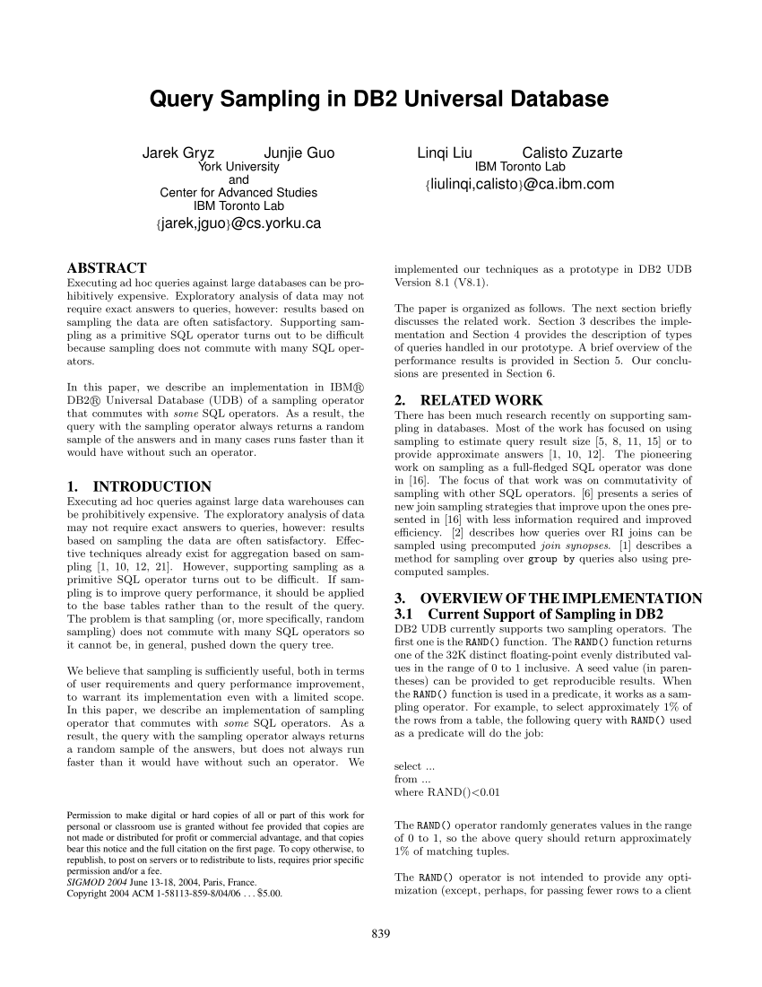 Pdf Query Sampling In Db2 Universal Database