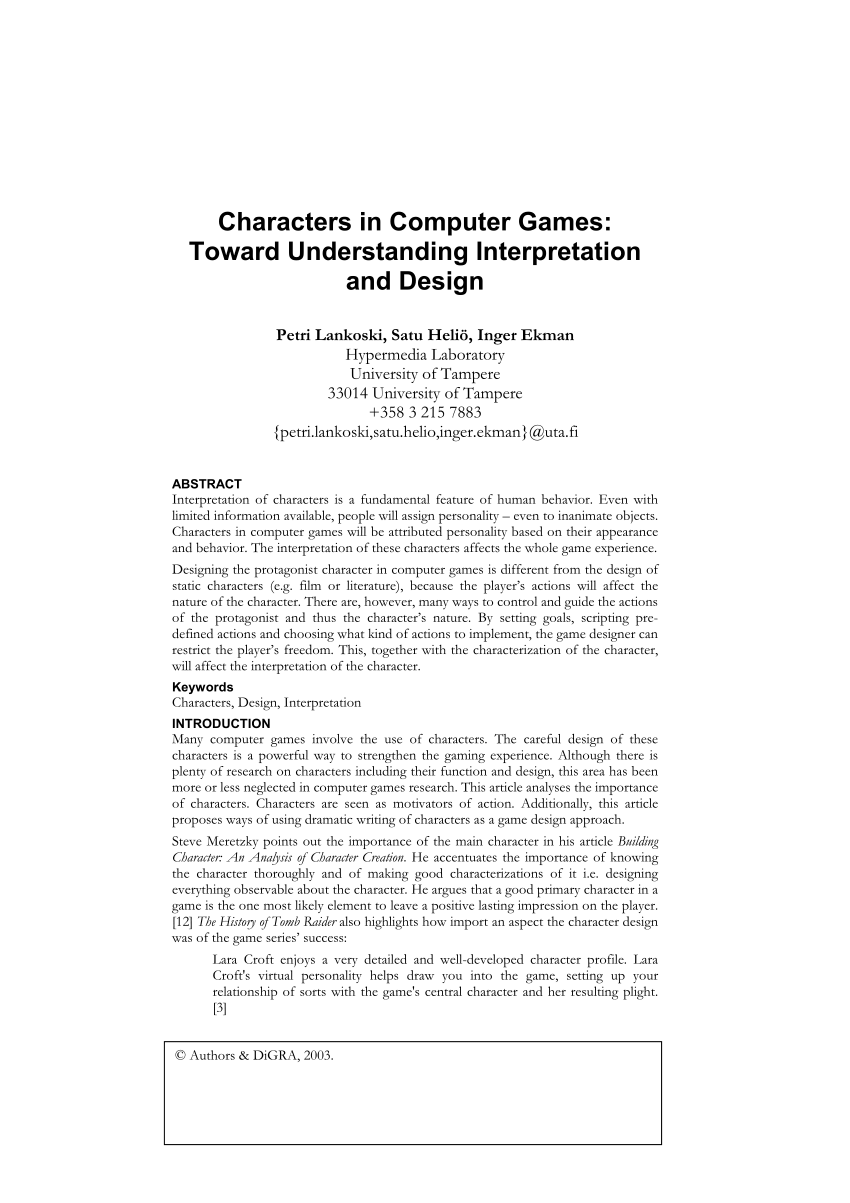 Pdf Characters In Computer Games Toward Understanding - 