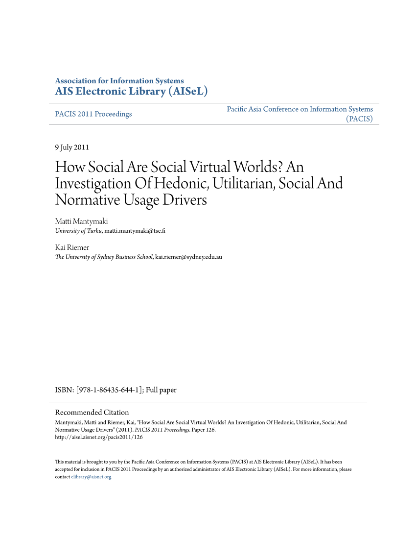Pdf How Social Are Social Virtual Worlds An Investigation Of Hedonic Utilitarian Social And Normative Usage Drivers