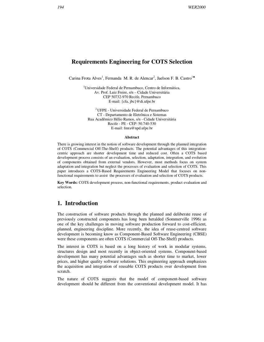 (PDF) Requirements Engineering for COTS Selection.