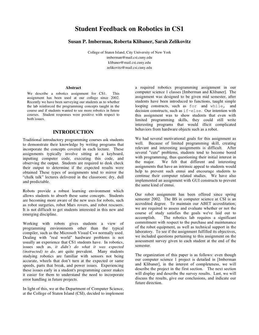 PDF) Student Feedback on Robotics in CS1.