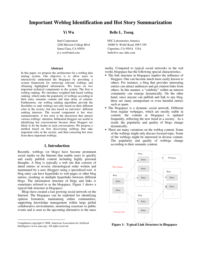 Pdf Important Weblog Identification And Hot Story Summarization
