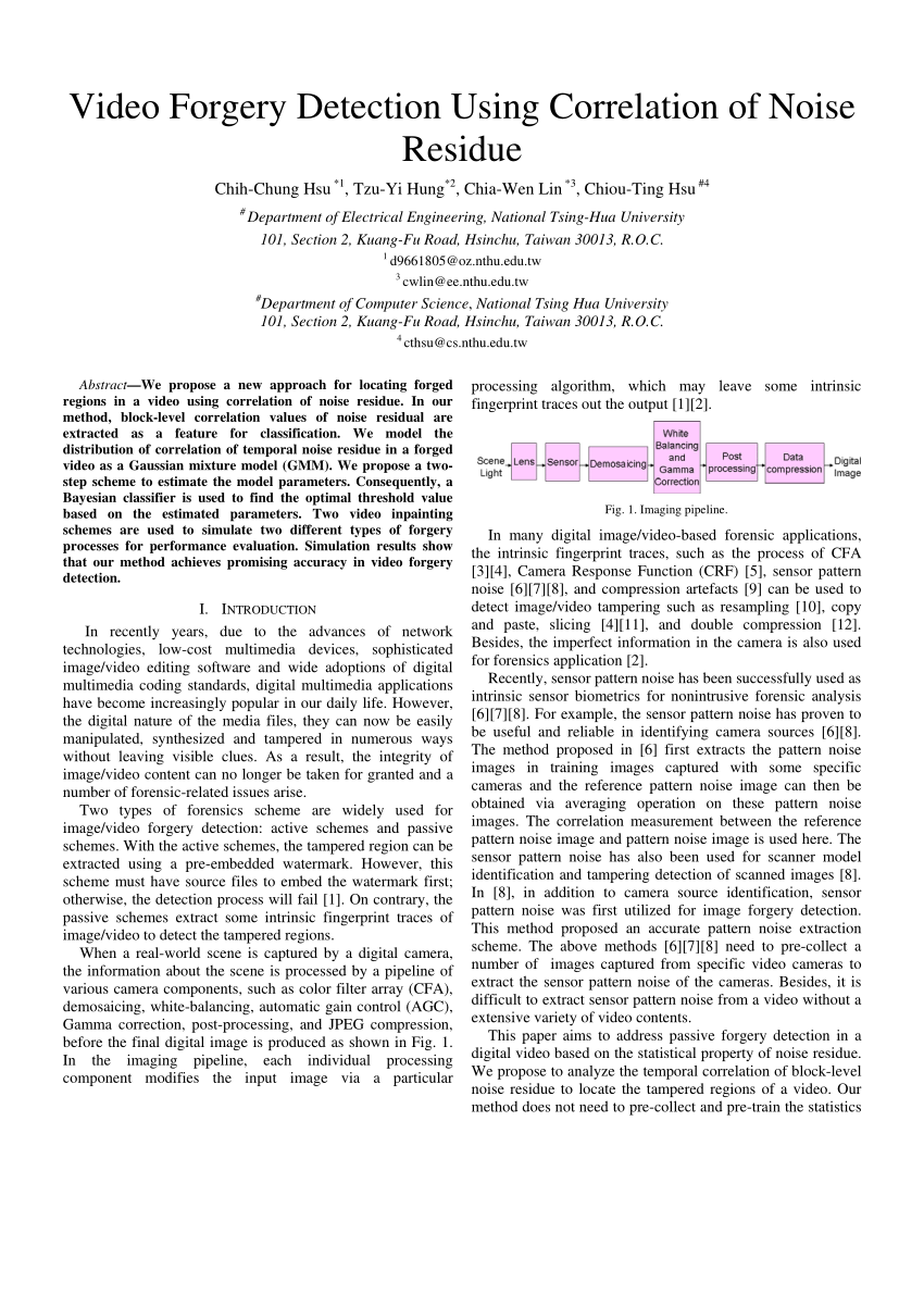 Pdf Video Forgery Detection Using Correlation Of Noise Residue - 