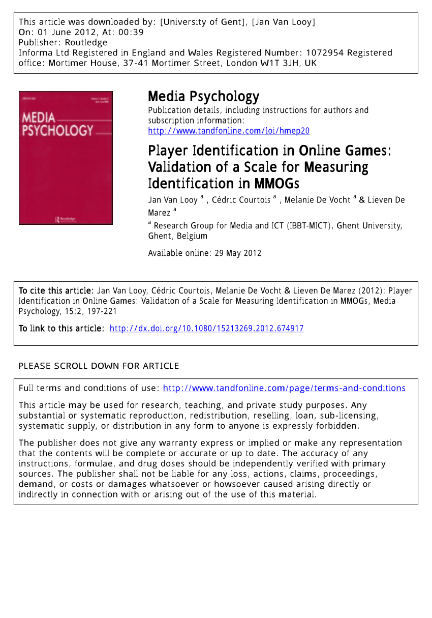 Pdf Player Identification In Online Games Validation Of A Scale For Measuring Identification In Mmorpgs