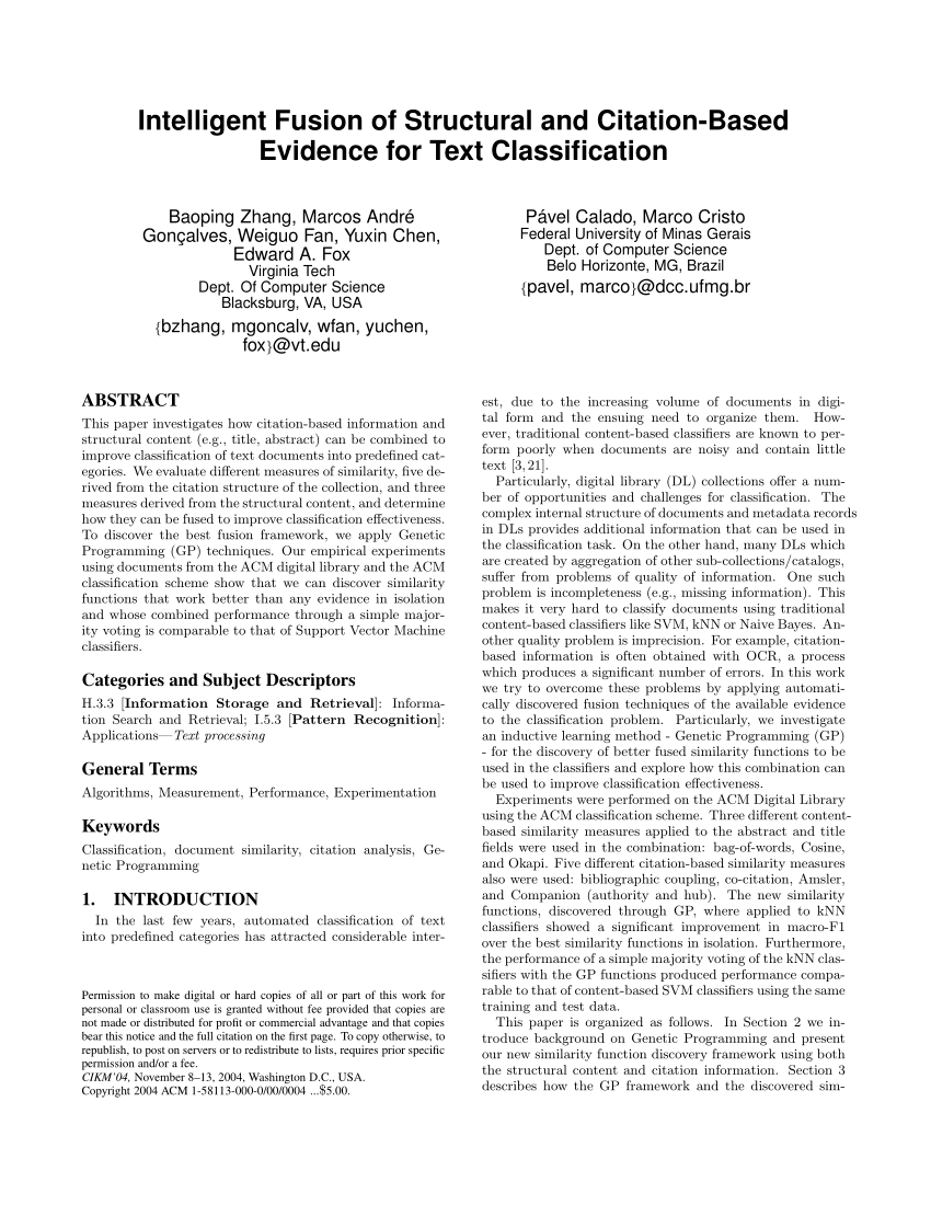 Pdf Abstract Intelligent Fusion Of Structural And Citation Based Evidence For Text Classification