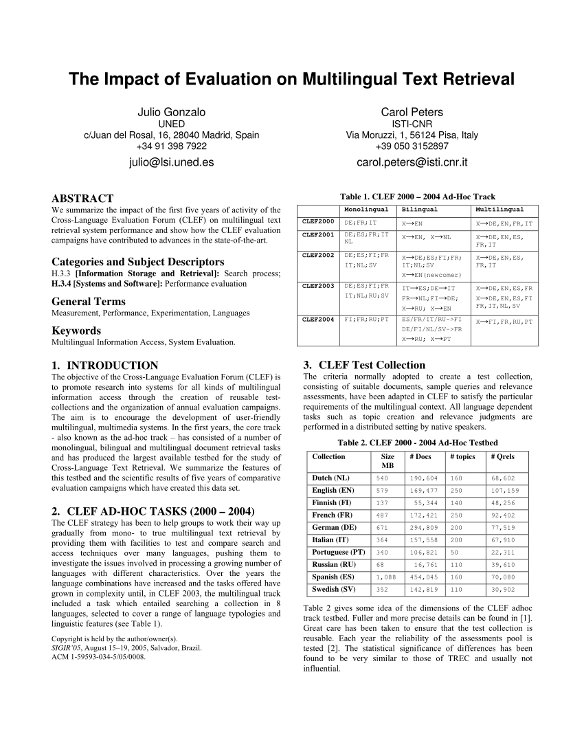 Pdf The Impact Of Evaluation On Multilingual Text Retrieval