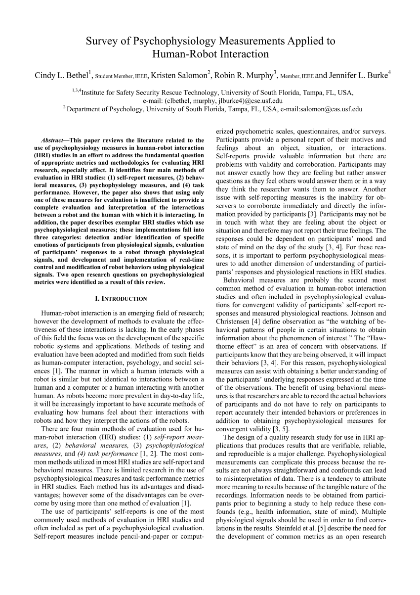 Pdf Survey Of Psychophysiology Measurements Applied To Human Robot - pdf survey of psychophysiology measurements applied to human robot interaction