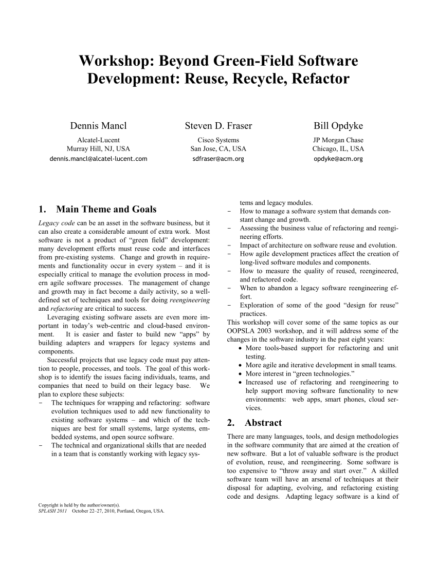 PDF) Workshop: beyond green-field software development: reuse ...