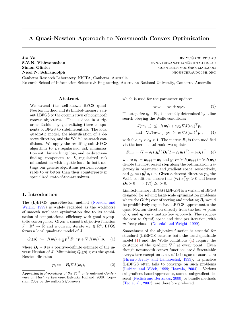 Pdf A Quasi Newton Approach To Non Smooth Convex Optimization