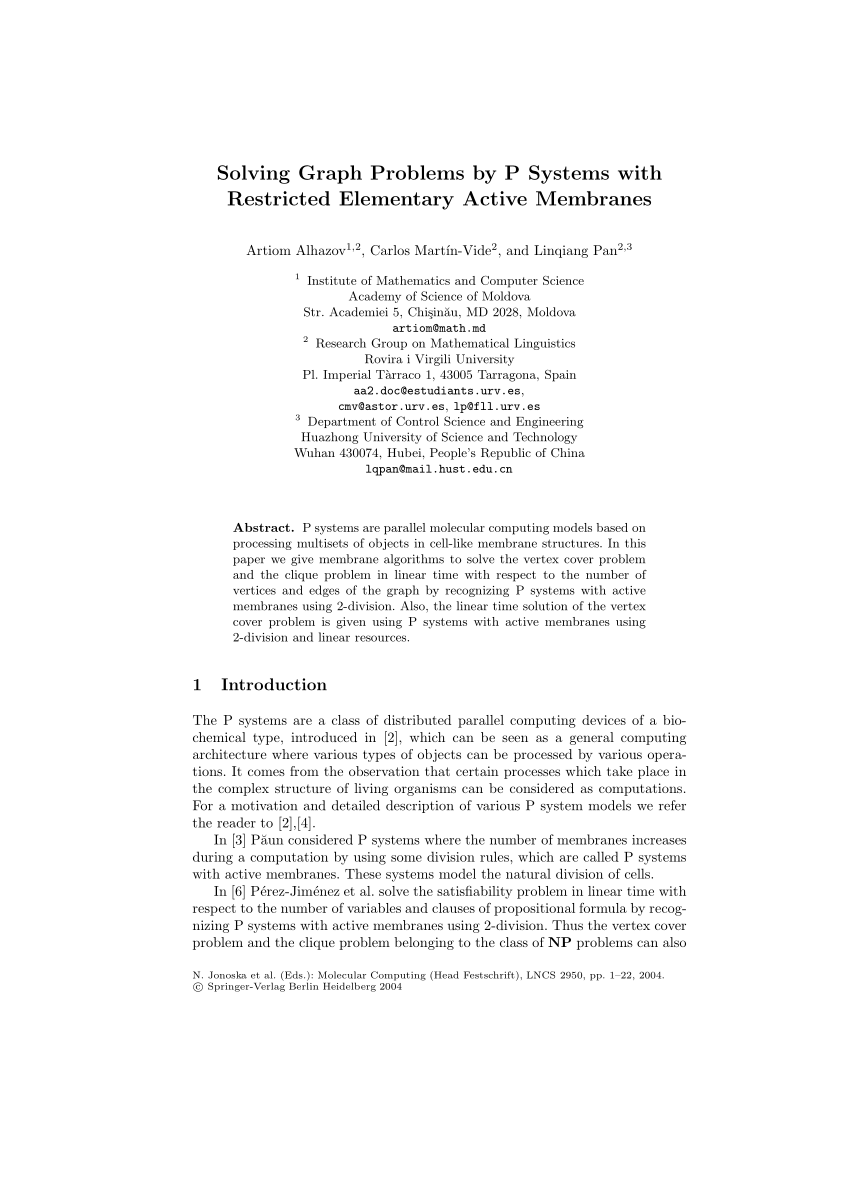 Pdf Solving Graph Problems By P Systems With Restricted Elementary Active Membranes