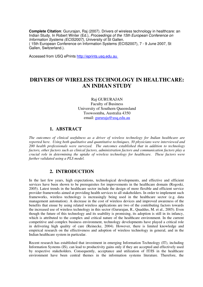 Pdf Drivers Of Wireless Technology In Healthcare An Indian Study