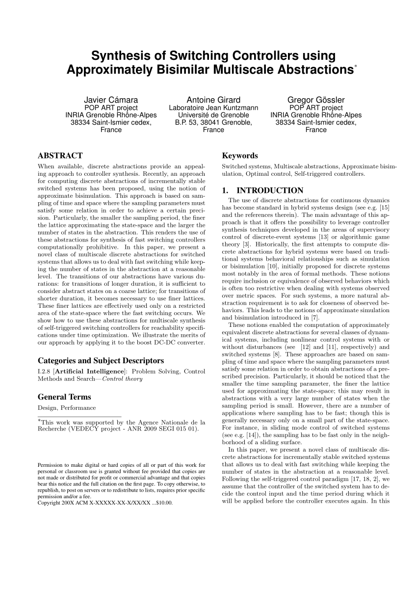 Pdf Synthesis Of Switching Controllers Using Approximately Bisimilar Multiscale Abstractions