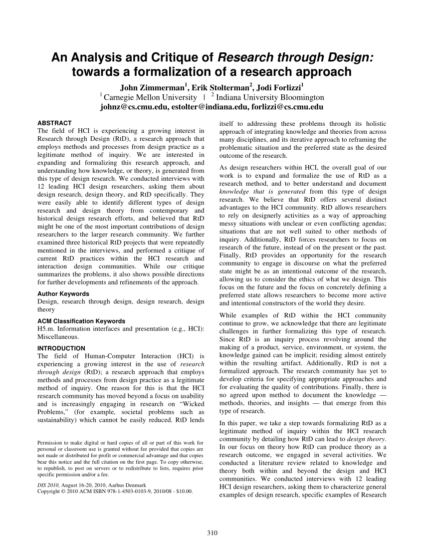 Pdf An Analysis And Critique Of Research Through Design Towards A Formalization Of A Research Approach