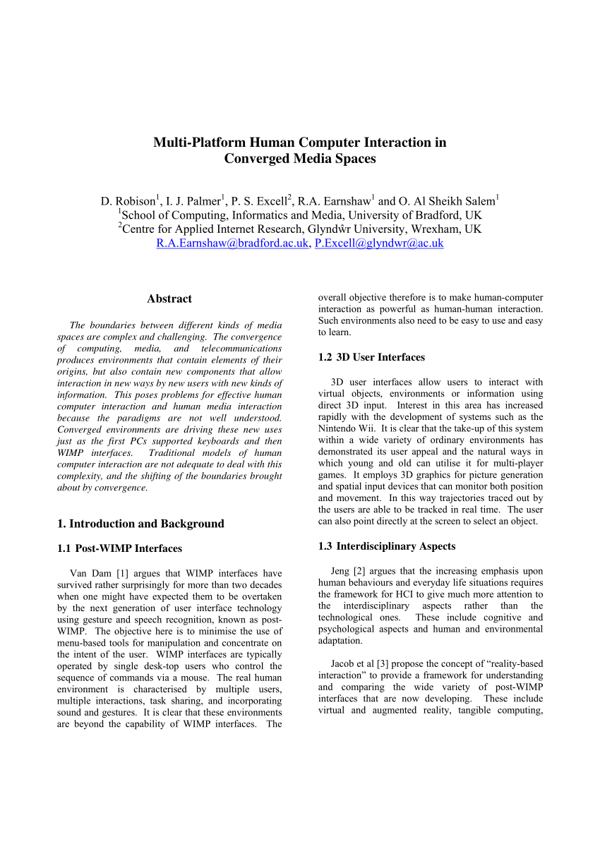 Pdf Multi Platform Human Computer Interaction In Converged Media Spaces