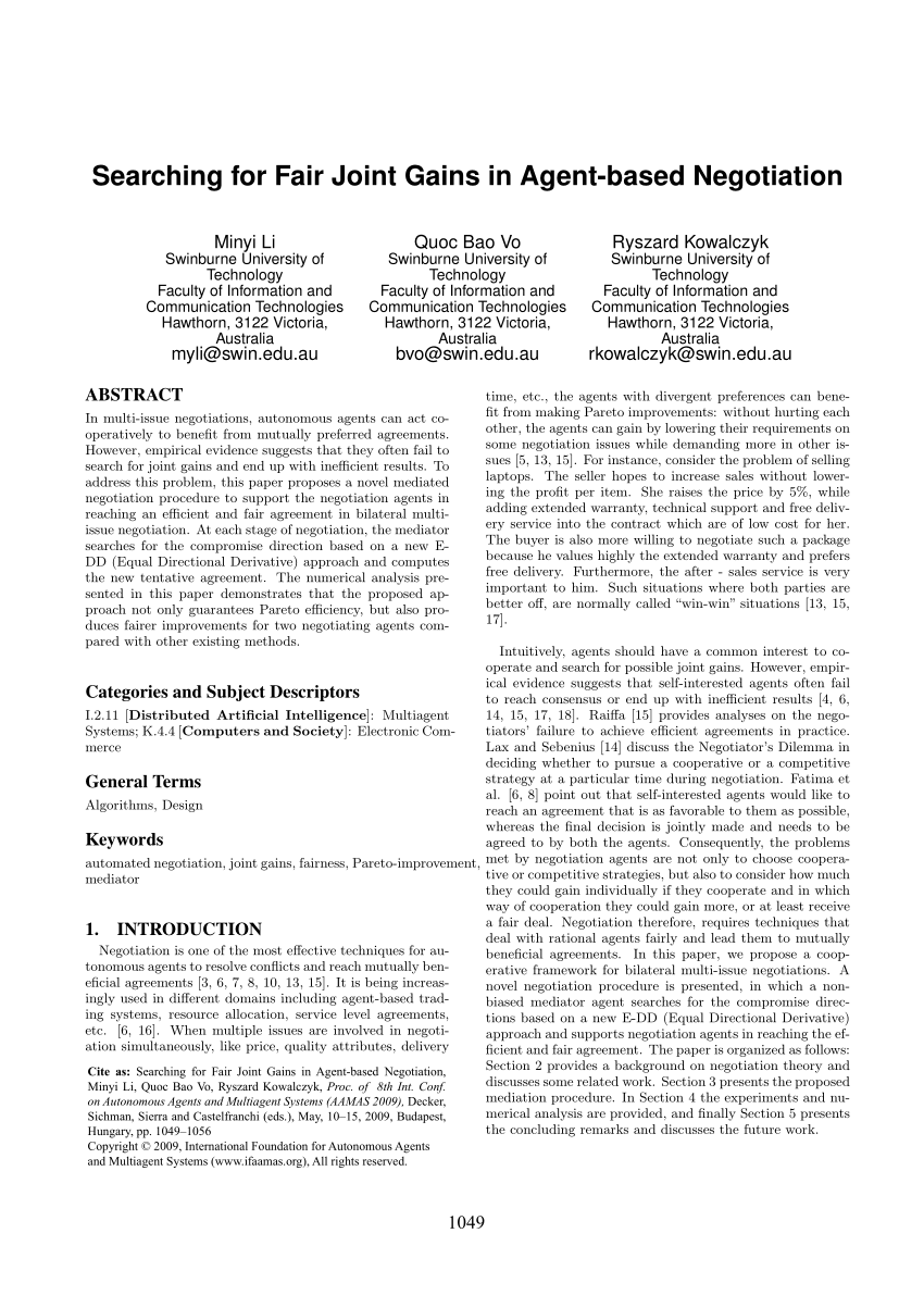 Pdf Searching For Fair Joint Gains In Agent Based Negotiation