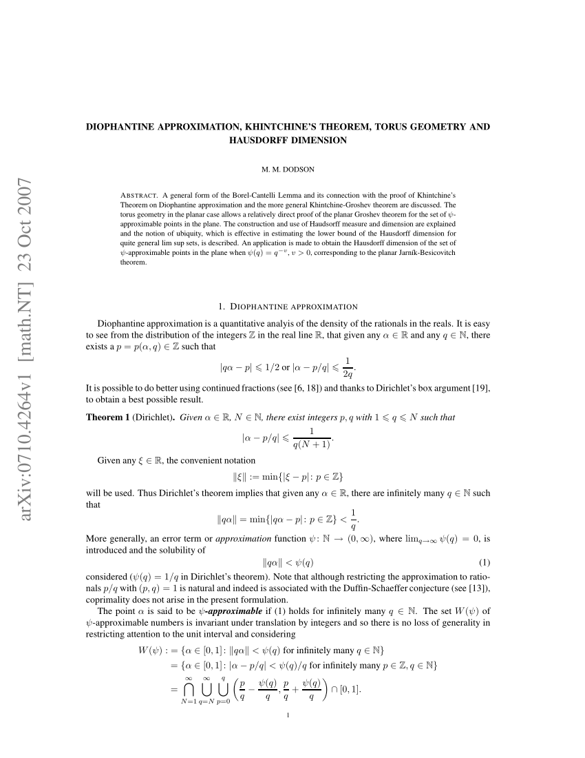 Pdf Diophantine Approximation Khintchine S Theorem Torus Geometry And Hausdorff Dimension