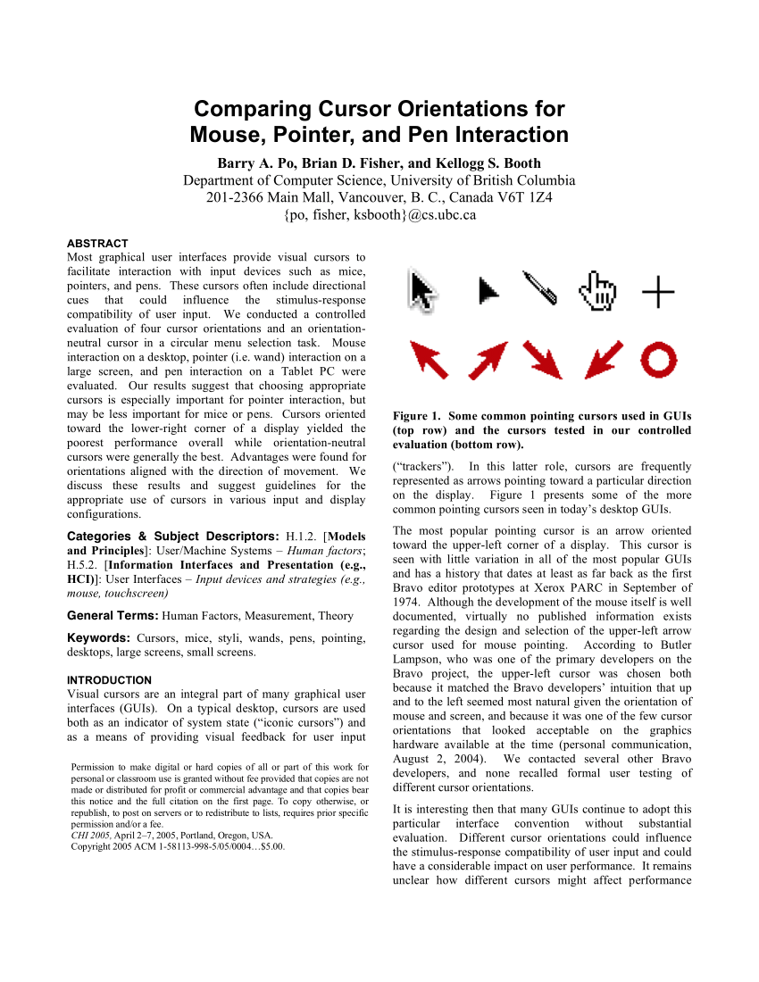 Pdf Comparing Cursor Orientations For Mouse Pointer And Pen Interaction