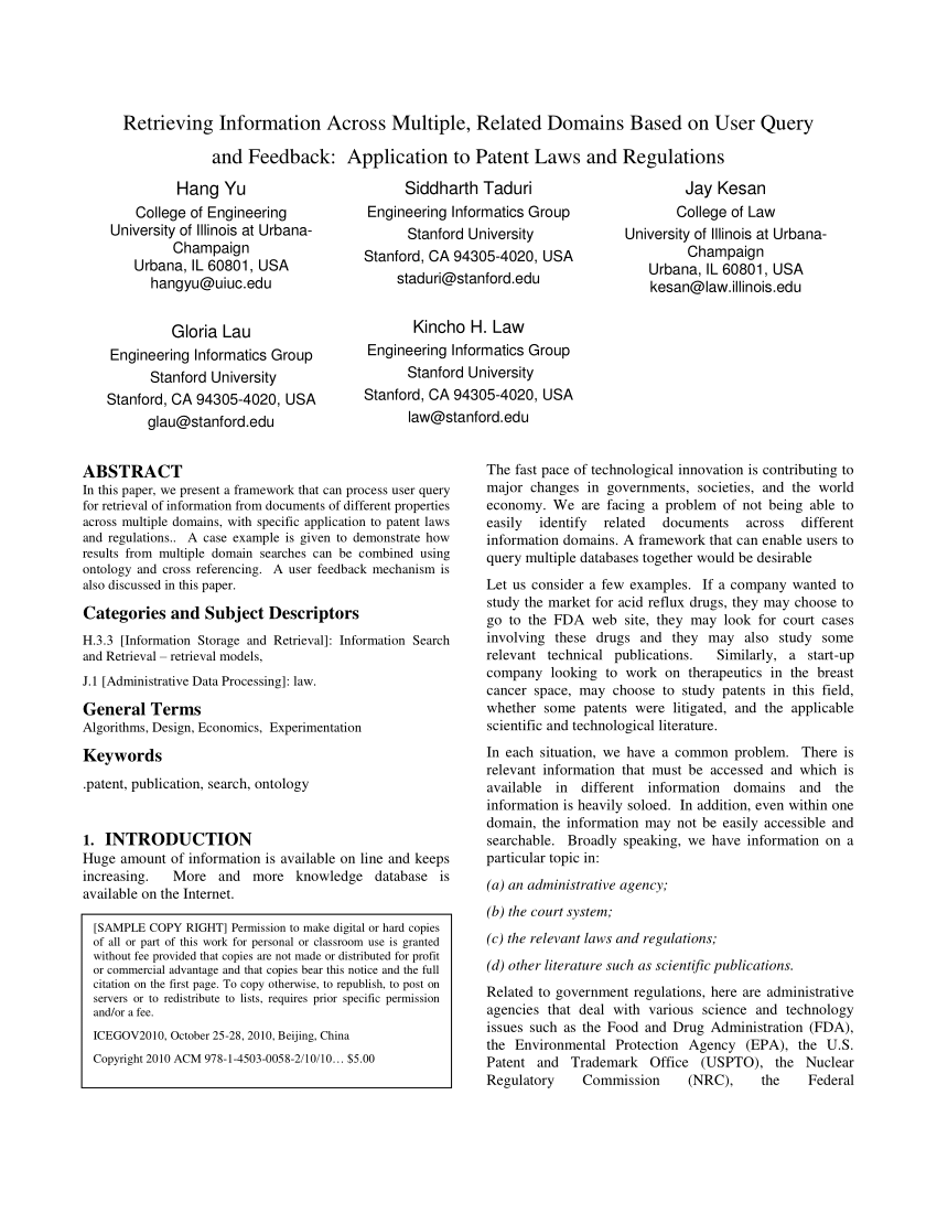 PDF) Retrieving information across multiple, related domains based on user  query and feedback: Application to patent laws and regulations