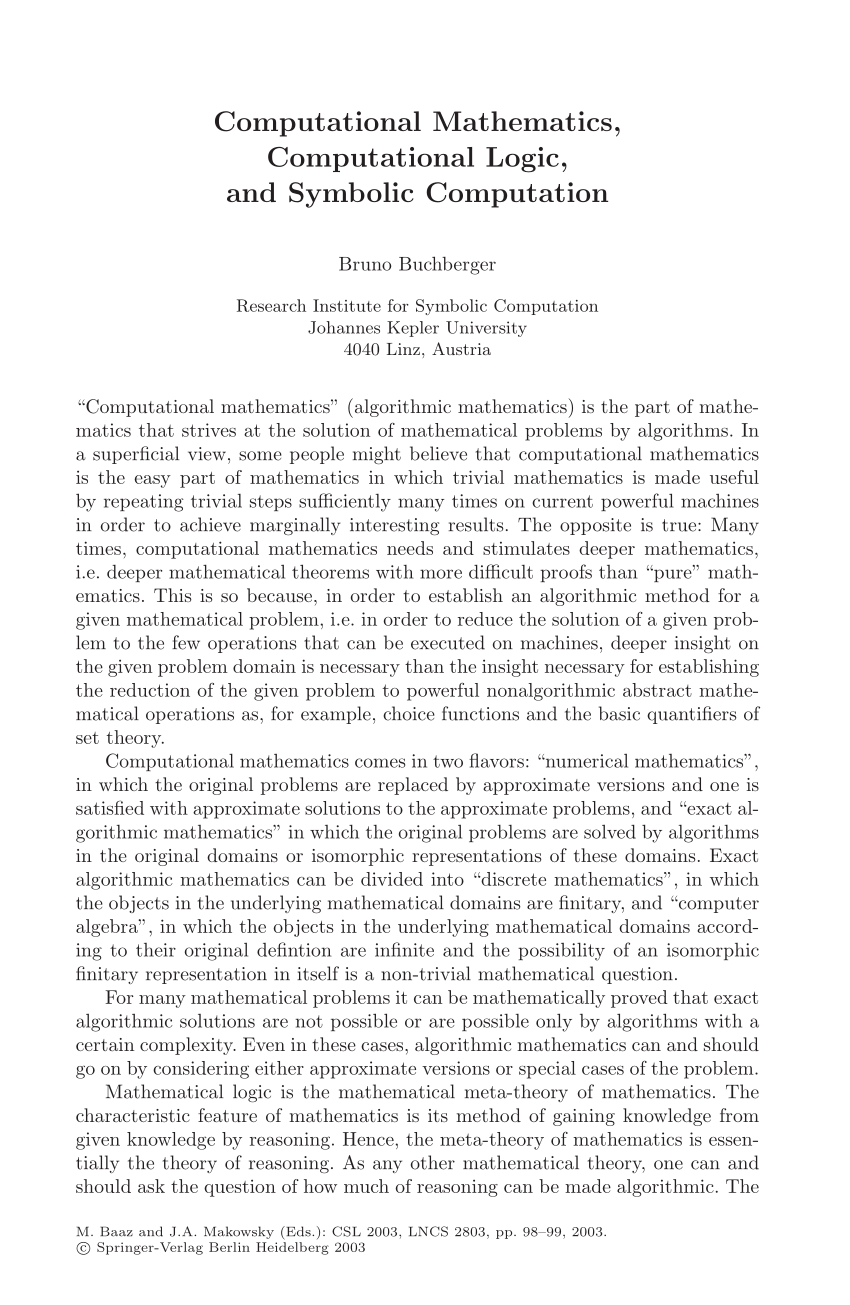 Pdf Computational Mathematics Computational Logic And Symbolic Computation Invited Lecture