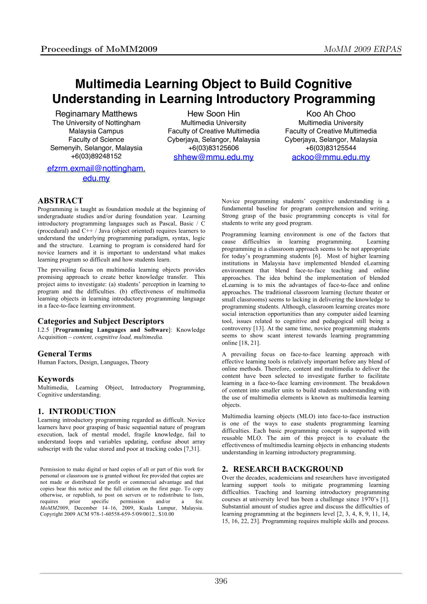 Pdf Multimedia Learning Object To Build Cognitive Understanding In Learning Introductory Programming