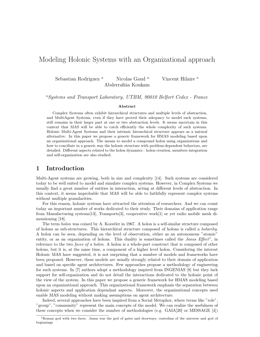 Pdf Modeling Holonic Systems With An Organizational Approach