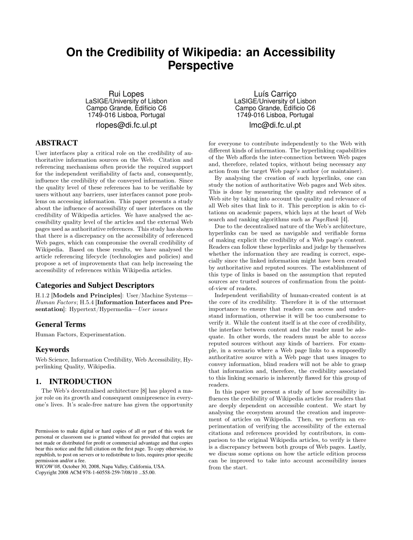 Pdf On The Credibility Of Wikipedia An Accessibility Perspective