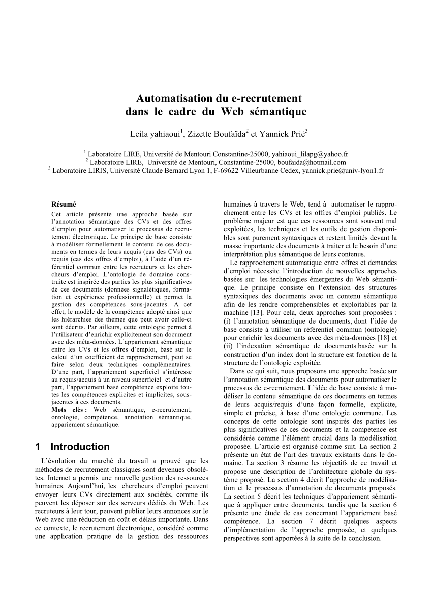 Pdf Automatisation Du E Recrutement Dans Le Cadre Du Web Semantique