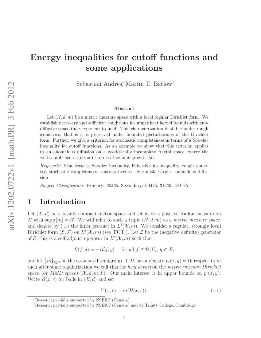 Pdf Energy Inequalities For Cutoff Functions And Some Applications