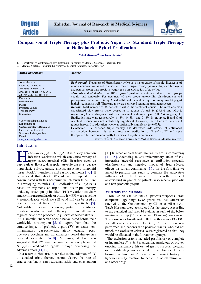 Comparison of Triple Therapy plus Probiotic Yogurt vs. Standard Triple Therapy on Helicobacter Pylori Eradication (PDF Download Available)