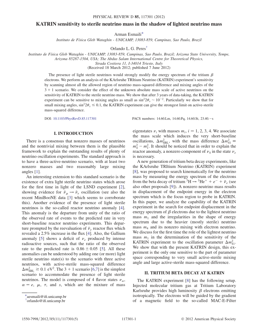 Pdf Katrin Sensitivity To Sterile Neutrino Mass In The Shadow Of Lightestneutrino Mass