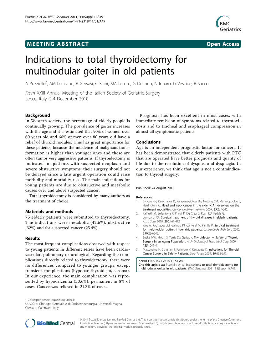 Pdf Indications To Total Thyroidectomy For Multinodular Goiter In Old