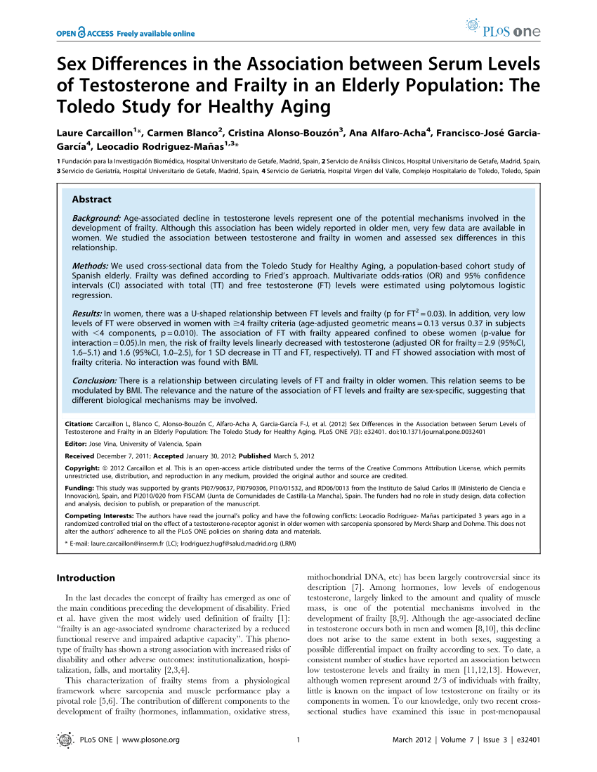 PDF) Sex Differences in the Association between Serum Levels of  Testosterone and Frailty in an Elderly Population: The Toledo Study for  Healthy Aging