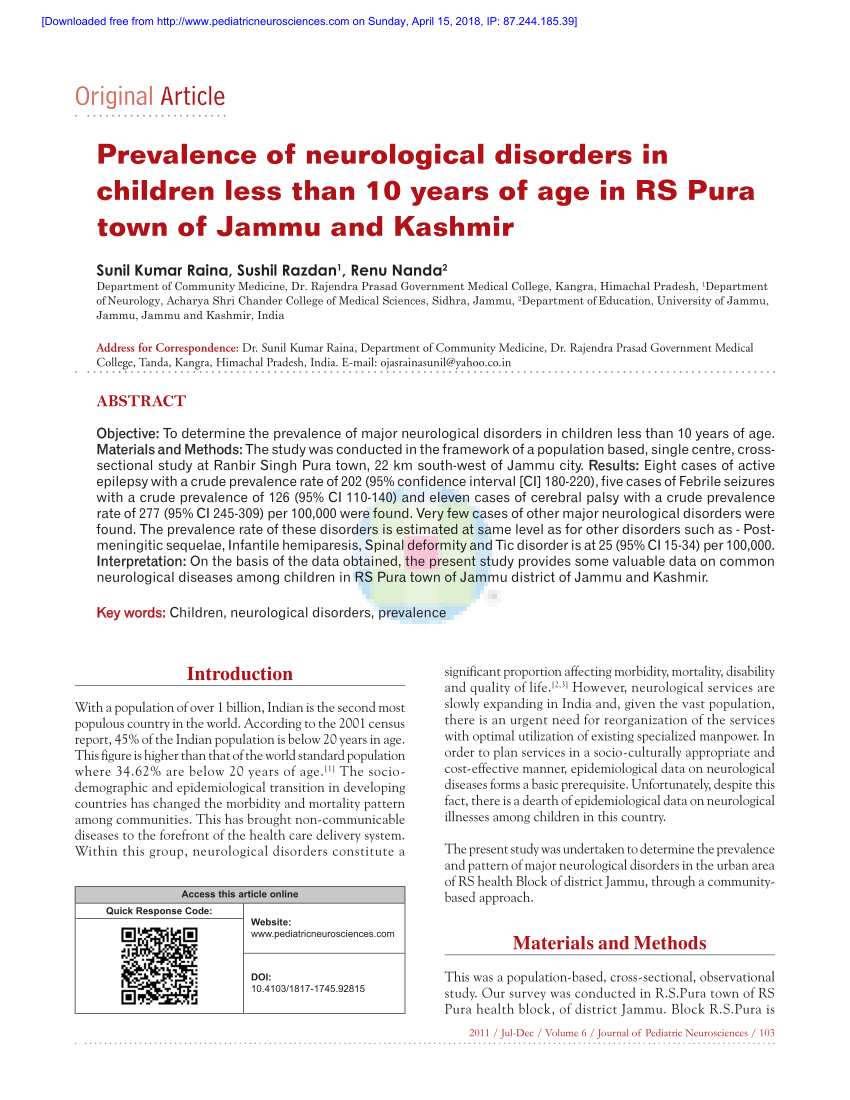 (PDF) Prevalence of neurological disorders in children ...