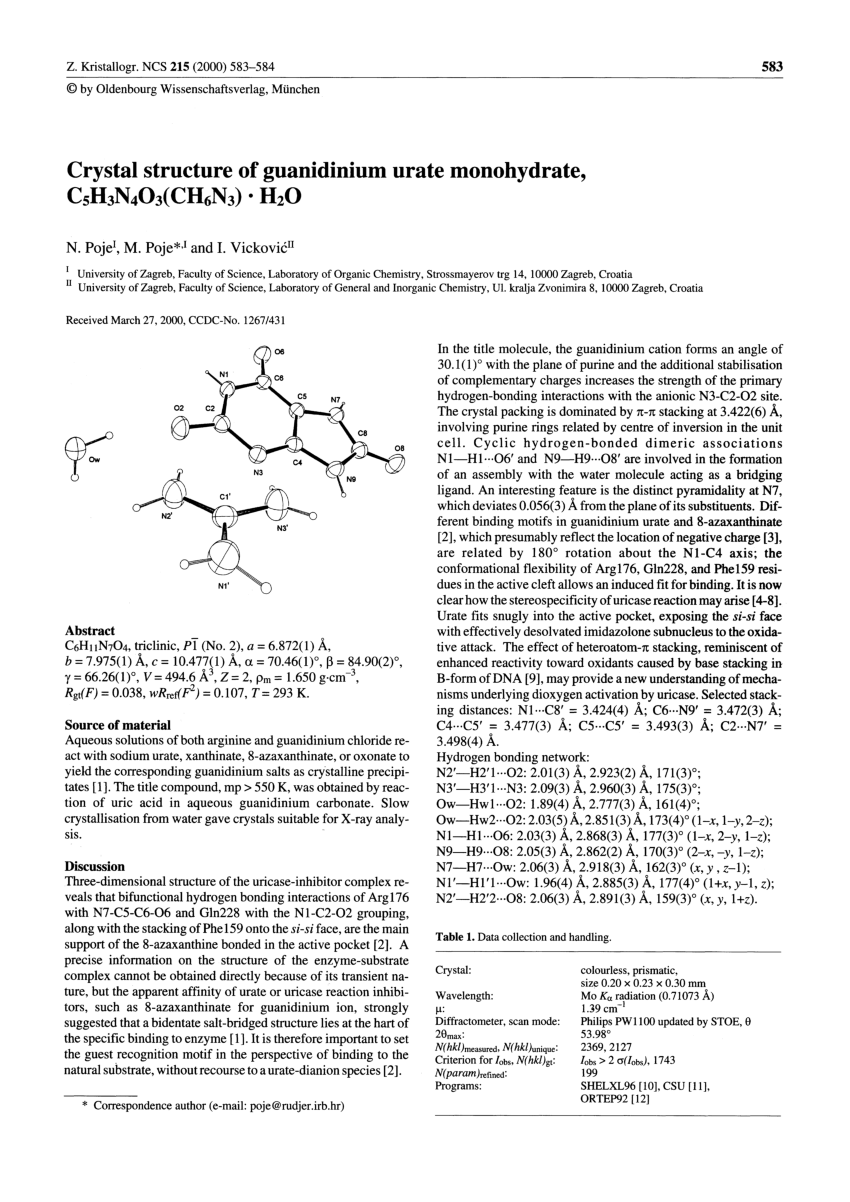 Pdf Crystal Structure Of Guanidinium Urate Monohydrate C5h3n4o3 Ch6n3 H2o